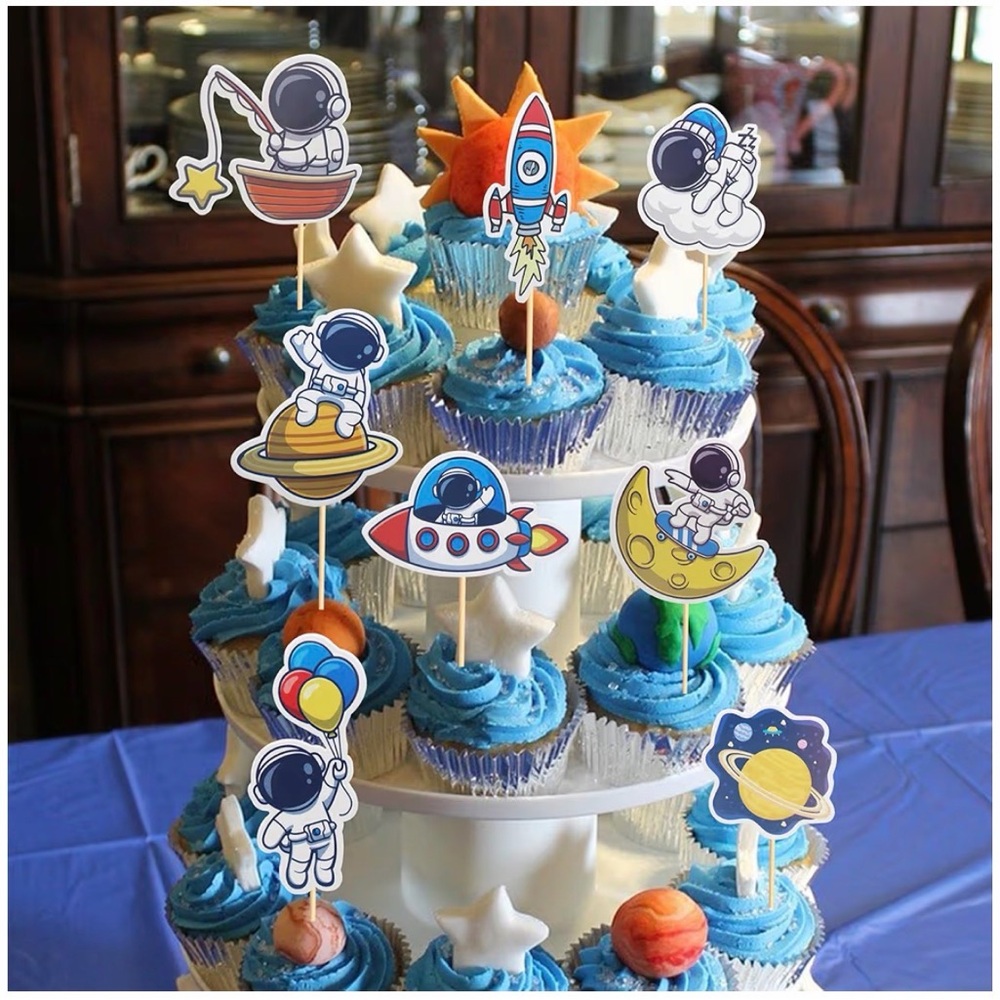 24~Space Astronaut Cupcake Toppers Rocket Planet Trip to the Moon Decorations - Picture 4 of 7